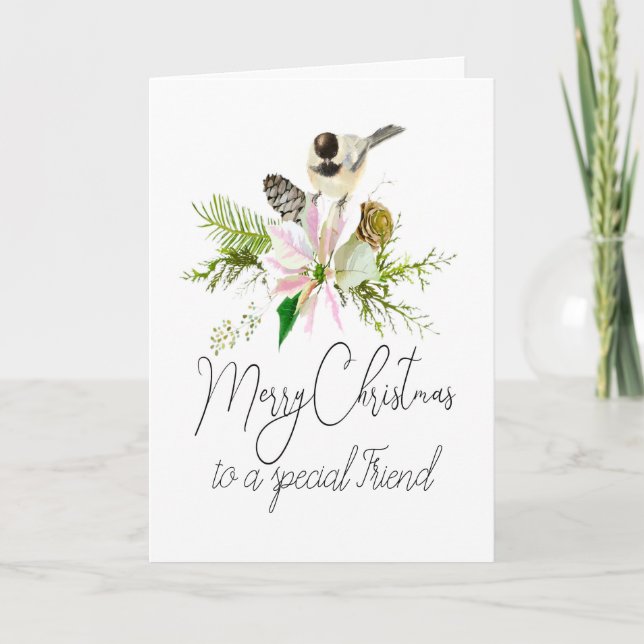 Blank Christmas Chickadee Bird Pointsettia Friend Karte (Vorderseite)