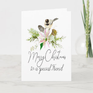 Blank Christmas Chickadee Bird Pointsettia Friend Karte