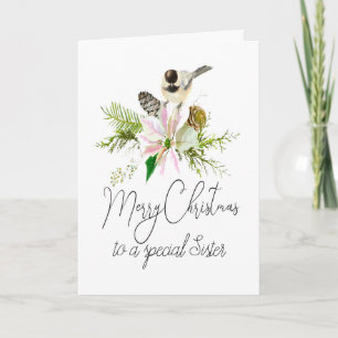 Blank Christmas Chickadee Bird Pointsettia Schwest Karte