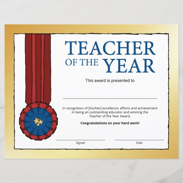 Blank Gold Teacher of the Year Certificate Award (Vorderseite)