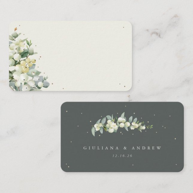 Blank Green/Cream Snowberry+Eukalyptus Wedding Platzkarte (Vorne/Hinten)