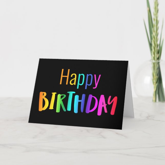 Blank Happy Birthday Card Rainbow Letters on Black Karte (Vorderseite)