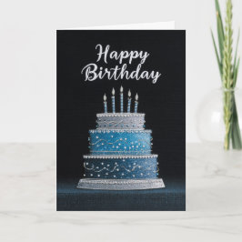 BLANK INSIDE: Blue & Silver Birthday Cake Design Karte