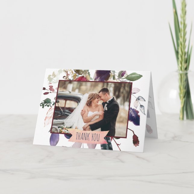 Blank Inside Foto Burgundy Navy Floral Rose Gold Dankeskarte (Vorderseite)