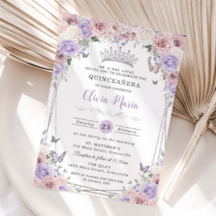 Blank Pink Lilac Weiße Blütensilber Quinceañera Einladung