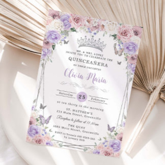 Blank Pink Lilac Weiße Blütensilber Quinceañera Einladung
