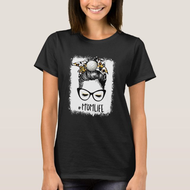 Blank Volleyball Mama Life Leopard Messy Bun Gam T-Shirt (Vorderseite)