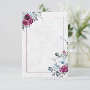 Blanke Burgunder- und blaue Aquarell-Blumenhochzei Einladung