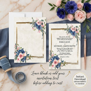 Blanke rosa und blaue Blumenelemente mit goldenem Einladung