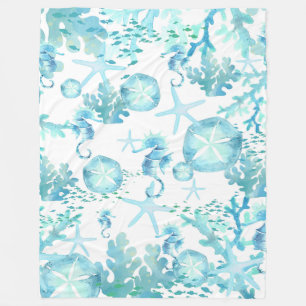 Blanket Aquamarin Blue Seepferd Sanddollar Seashel Fleecedecke
