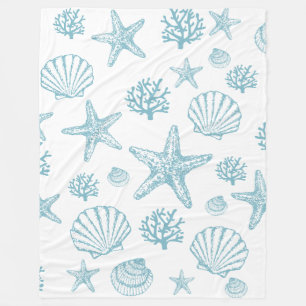 Blanket Aquamarin Seashell Starfish Beachy Pattern Fleecedecke
