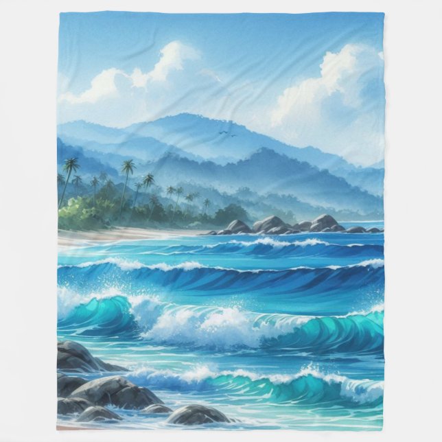 Blanket Tropical Beach Ocean Waves Wasserfarben Fleecedecke (Vorderseite)