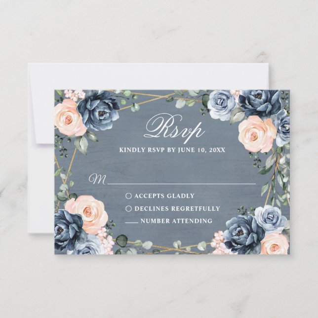 Bläschen-Bläschen-Hochzeit mit blauer Pfirsichblüt RSVP Karte (Vorderseite)