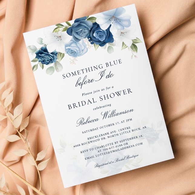 Bläschen etwas Blau vor dem Brautparty Einladung (Dusty Blue Floral Something Blue Before I Do Bridal Shower Script Bridal Shower Invitation)