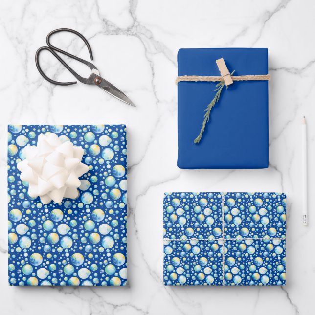 Blasen (Blues, Grüntöne & Gelb) Packpapier Geschenkpapier Set (Vorderseite)
