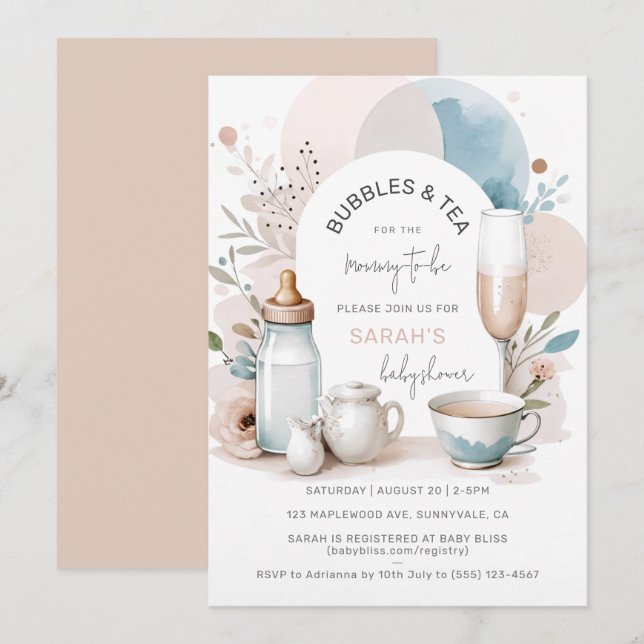 Blasen & Tea Baby Dusche Einladung zur Mama (Vorne/Hinten)