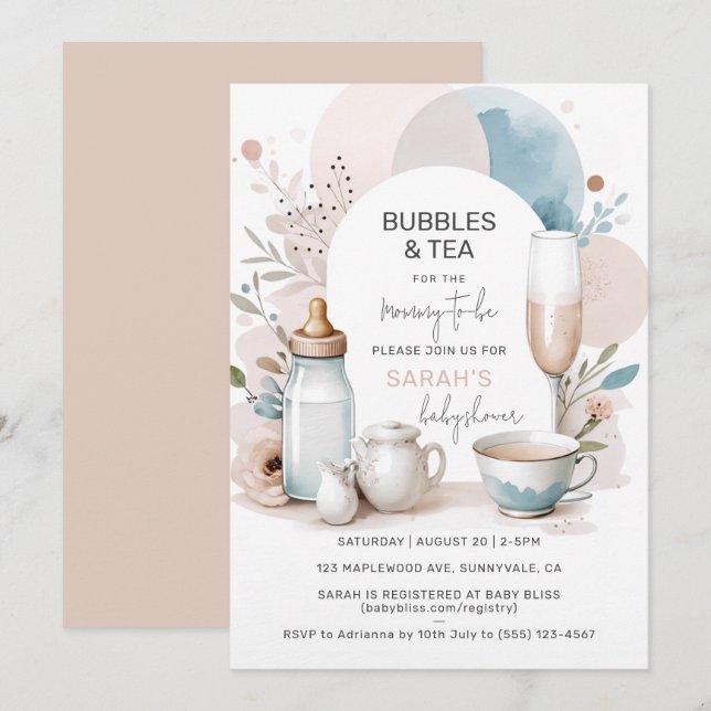 Blasen & Tea Baby Dusche Einladung zur Mama (Vorne/Hinten)