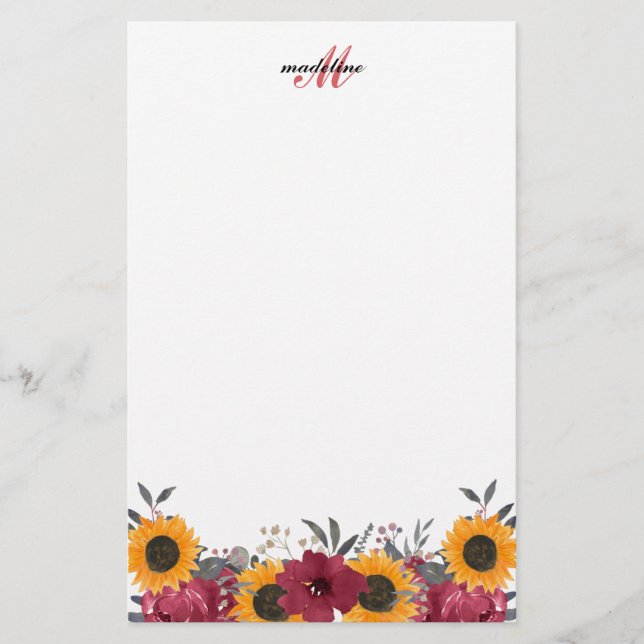 Bläserfarbene Sonnenblumen Burgundy Monogram Hinwe Briefpapier (Vorderseite)