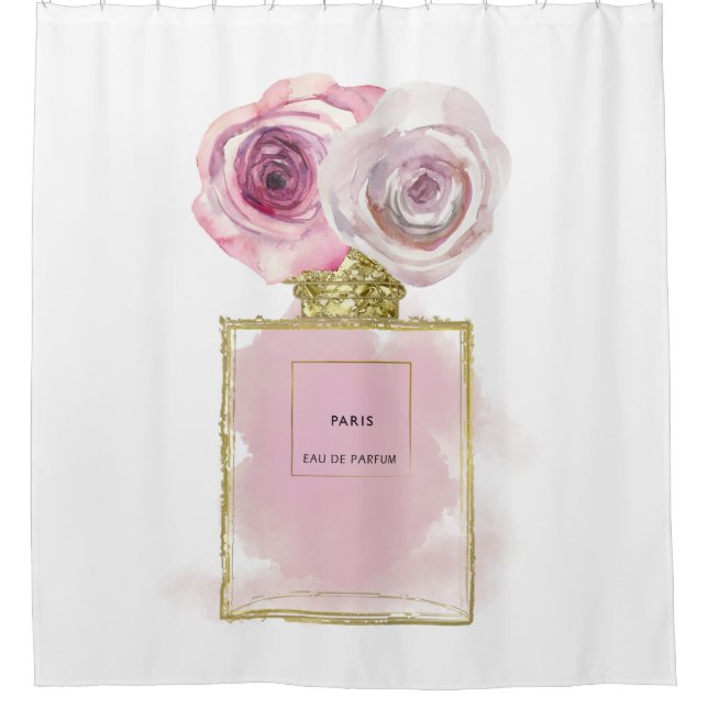 Bläserfashion Parfüm Flasche Rosa Rosen Gold Glam Duschvorhang (Vorderseite)