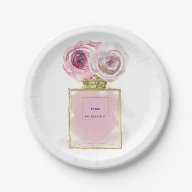 Bläserfashion Parfüm Flasche Rosa Rosen Gold Glam Pappteller (Vorderseite)