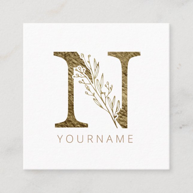 Bläsermonogramm N Elegant Gold Foliage Quadratische Visitenkarte (Vorderseite)