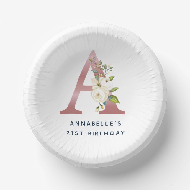 Bläsermonogramm-Rose Gold Ersteinzeit 21. Geburtst Pappteller (Vorderseite)