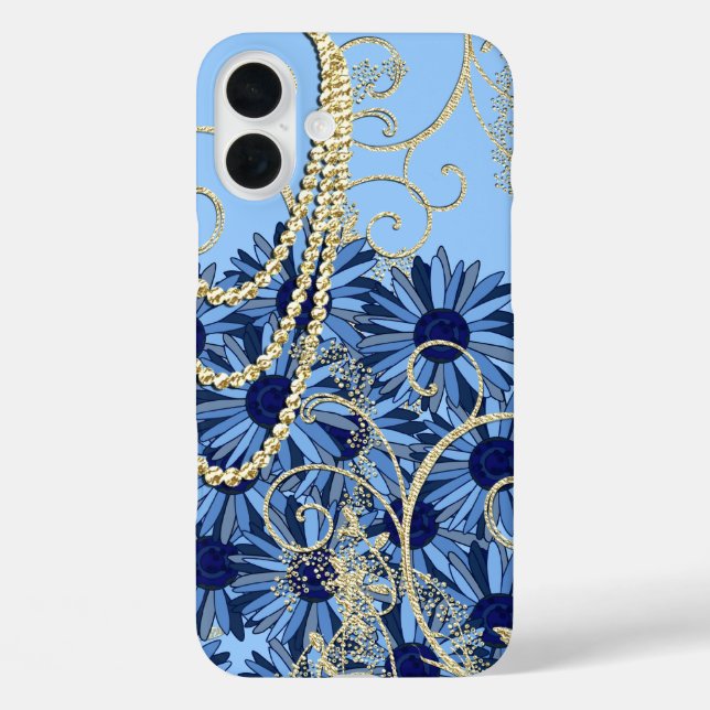 Bläsernavy Blau und Gold Swirl iPhone 16 Plus Hülle (Rückseite)