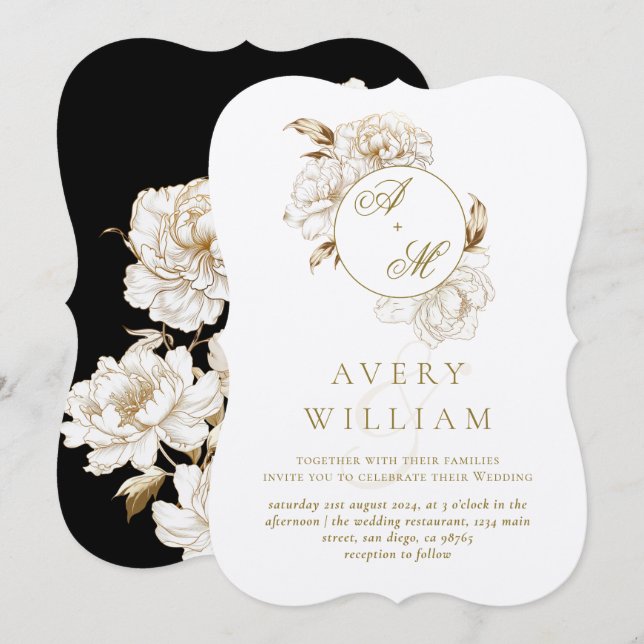 Bläsernbäume Weißgoldene Monogramm Hochzeit Einladung (Vorne/Hinten)