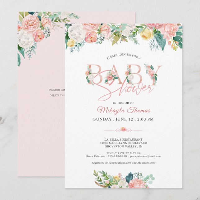 Bläserndusche Rose Gold Pink Blush Typografie Einladung (Vorne/Hinten)