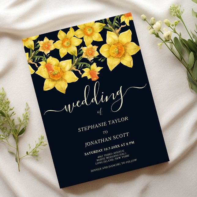 Bläserne blaugelbe Orangenodien Blütenhochzeit Einladung (Navy blue yellow orange daffodils floral wedding)