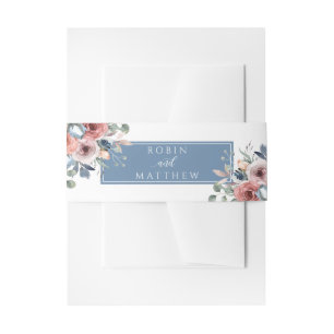 Bläserne Blüten, Weiß und Dusty Blau, Hochzeit Einladungsbanderole