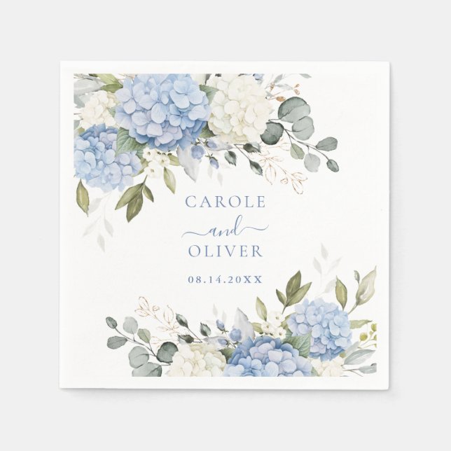 Bläserne Elegant Blue Hydrangea Grüne Hochzeit Serviette (Vorderseite)