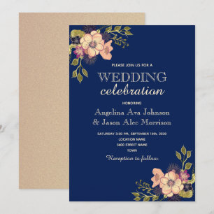 Bläserne Rose Gold und Navy Blue Wedding Einladung