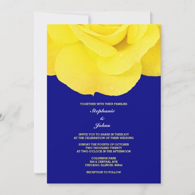 Bläserne Rose Yellow Navy Blue Spring Wedding 2024 Einladung (Vorderseite)