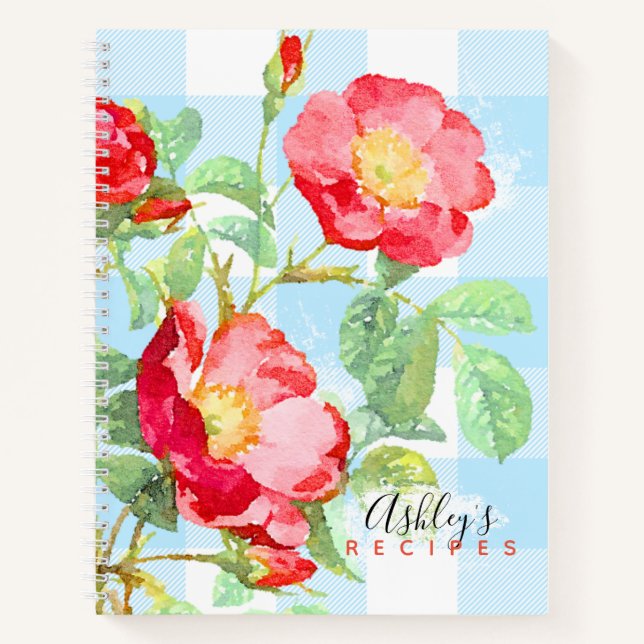 Bläserne Rote Rose Blue Buffalo Kariertes Monogram Notizbuch (Vorderseite)