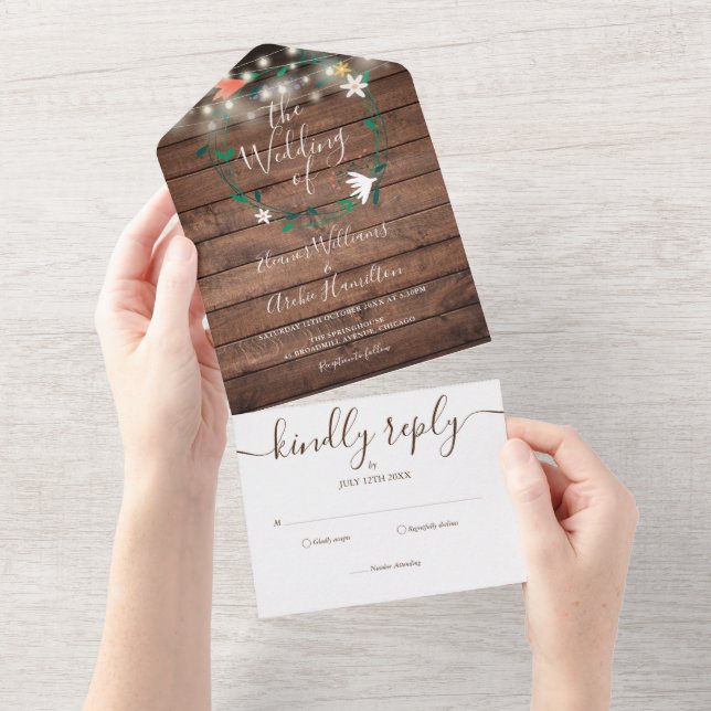 Bläserne Rustikale Holzstring Lights Monogram Wedd All In One Einladung (Abreißen)
