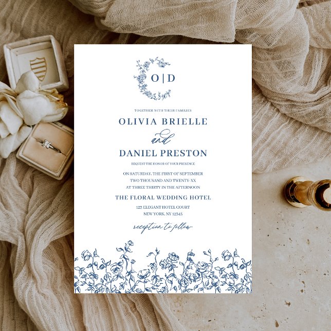 Bläserne Vintage Navy-Monogram-Hochzeit Einladung (Von Creator hochgeladen)