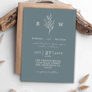 Bläserne Wildblumen Sketched Monogram Blue Wedding Einladung