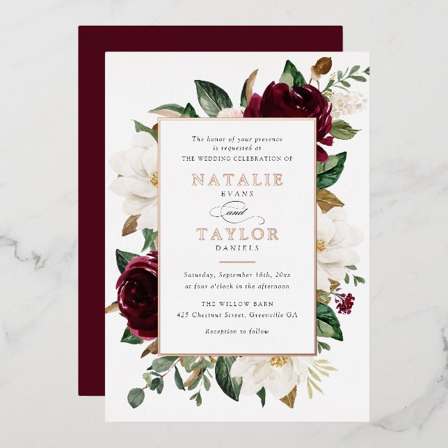 Bläserner Burgundy Weißer Rahmen Rose Gold Folieneinladung (Vorderseite/Rückseite)