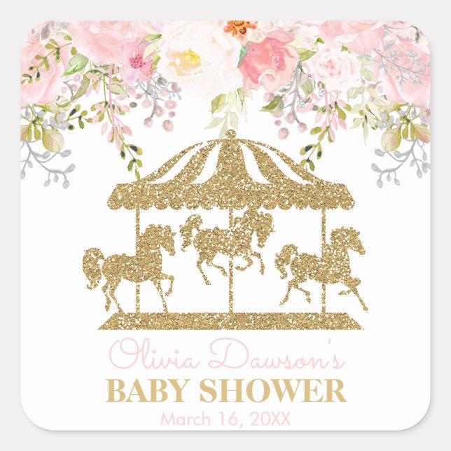 Bläserner Karussell Blush Pink und Gold Baby Dusch Quadratischer Aufkleber (Vorderseite)