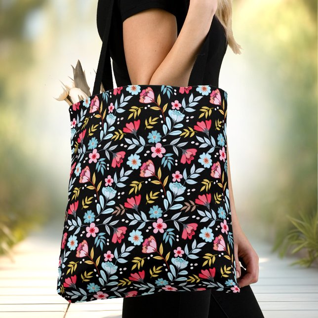 Bläserner Schwarzer Sommer Tasche (Floral Feminine Black Colorful Summer Tote Bag)