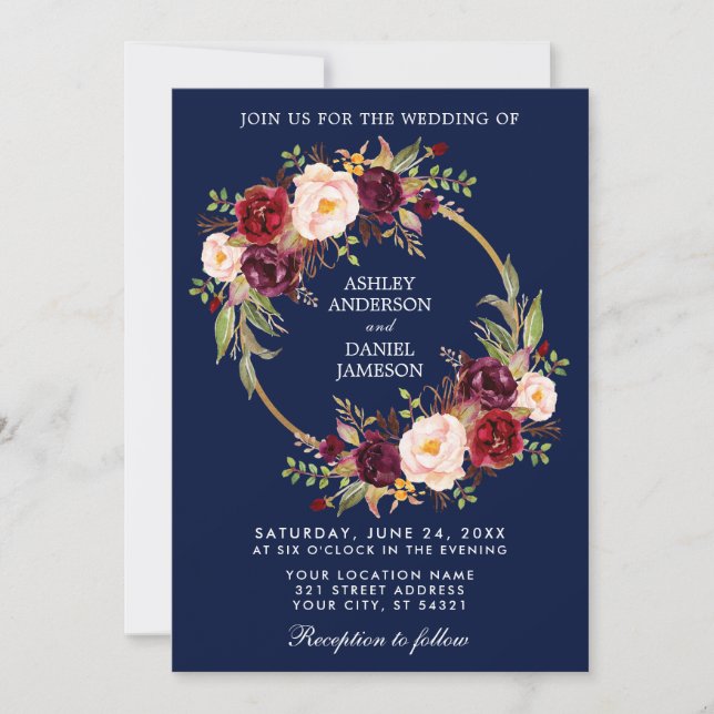 Bläserner Watercolor Wreath Burgundy Blue Wedding Einladung (Vorderseite)