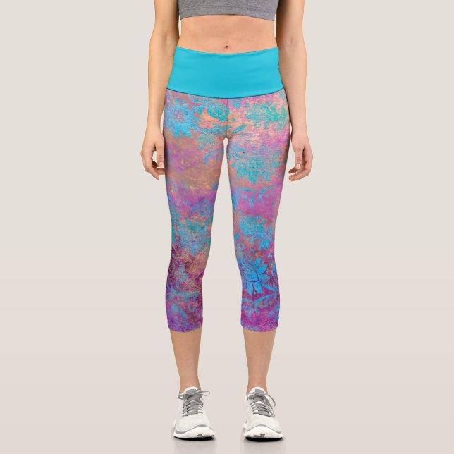 Bläsernes, elegantes bohblau-lila Goldpink Capri Leggings (Vorderseite)