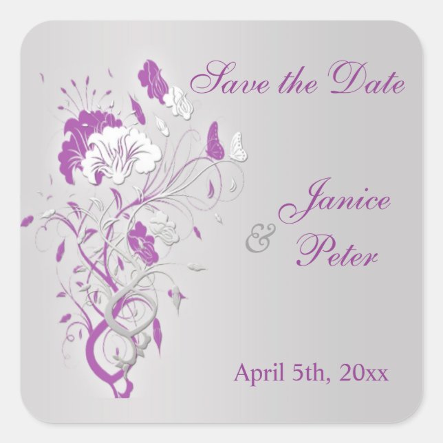 Bläsersilber lila, Schmetterling Save the Date Quadratischer Aufkleber (Vorderseite)
