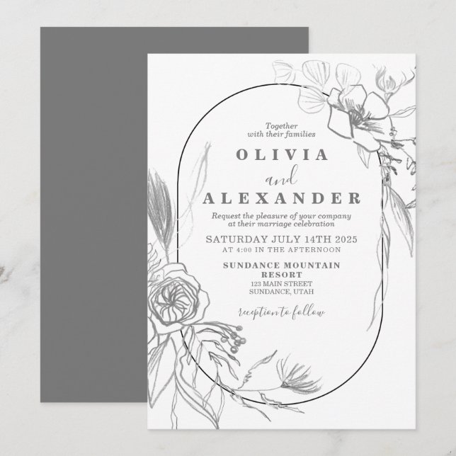 Bläserweiße und graue Blume Hochzeit Einladung (Vorne/Hinten)