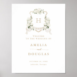 Bläserweißes Hydrangea-Wappen Monogramm Begrüßungs Poster