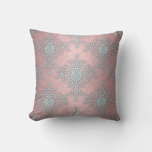 Blass Baby Blue und Pink Extravagant Damask Muster Kissen (Vorderseite)
