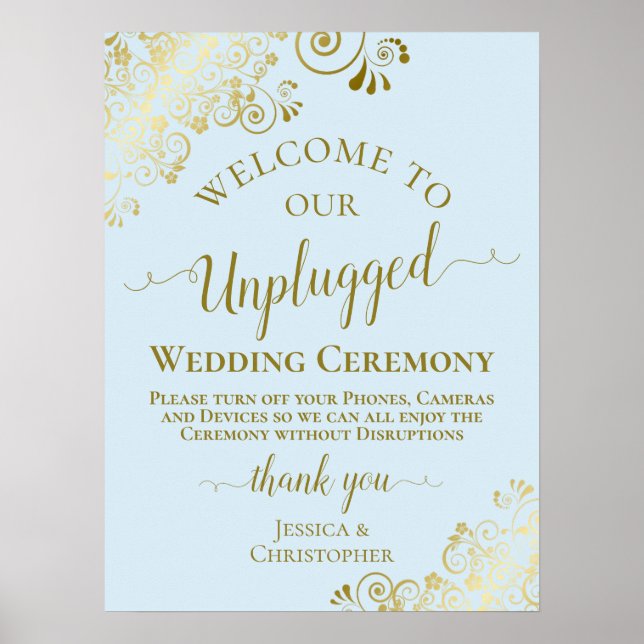 Blass Blue & Gold Unplugged Wedding Zeremonie Poster (Vorne)