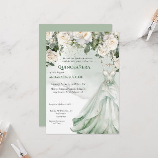 Blass-grünes Floral-Quinceañera-Ballkleid | Einladung