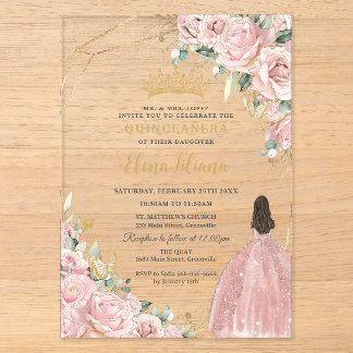 Blass hellrosa blumige Rosen Quinceanera Sweet 16 Acryleinladungen